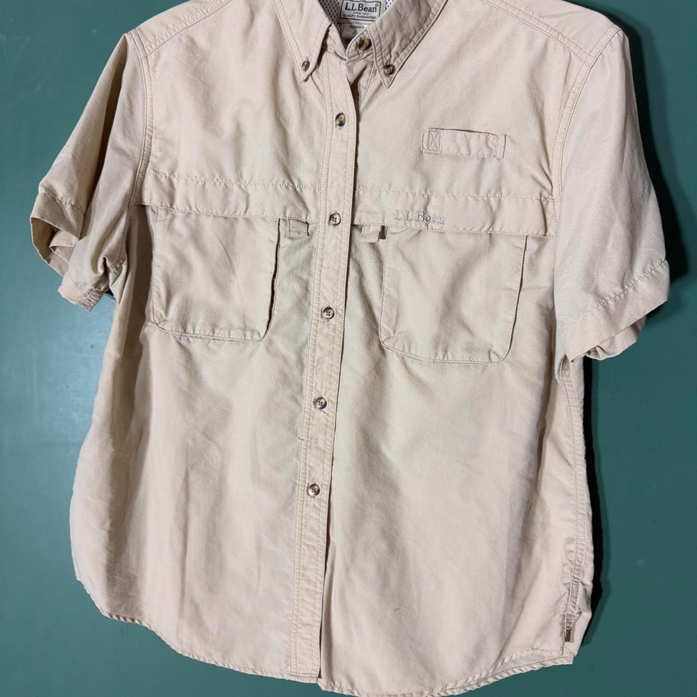 LL Bean Womens Short Sleeve Button Up Shirt Tan Hiking Outdoor Y2K Large 0CDX6